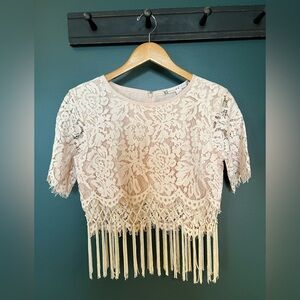 Chelsea & Violet Light Blush Pink Cropped Lace Fringe Blouse  Semi-Cropped Top
